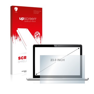 Vorderseite einer Produktverpackung mit dem Markenlogo upscreen. Daneben ist das Gerät mit dem zugehörigen Displayschutz abgeb