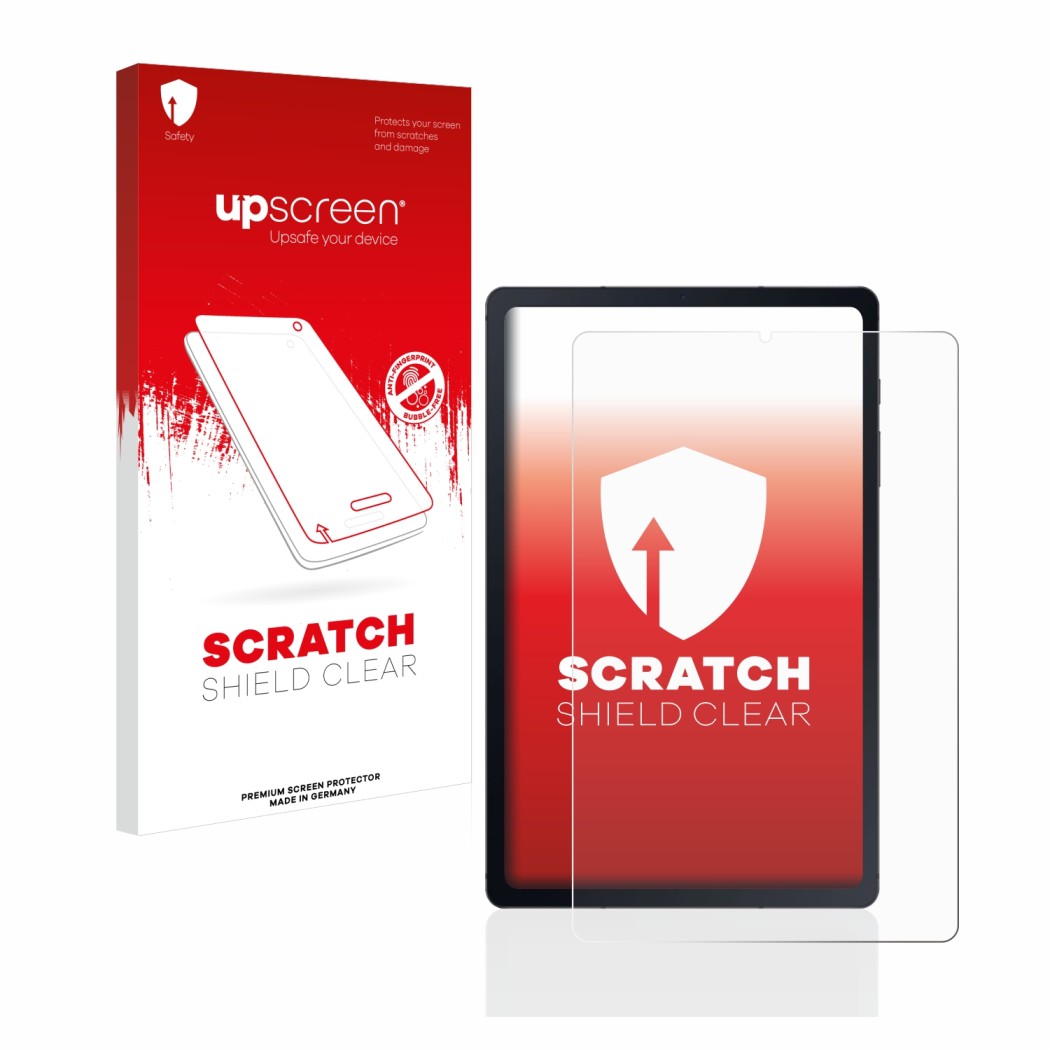 Parte frontale di una confezione del prodotto con il logo del marchio upscreen. Accanto è raffigurato il dispositivo Samsung G