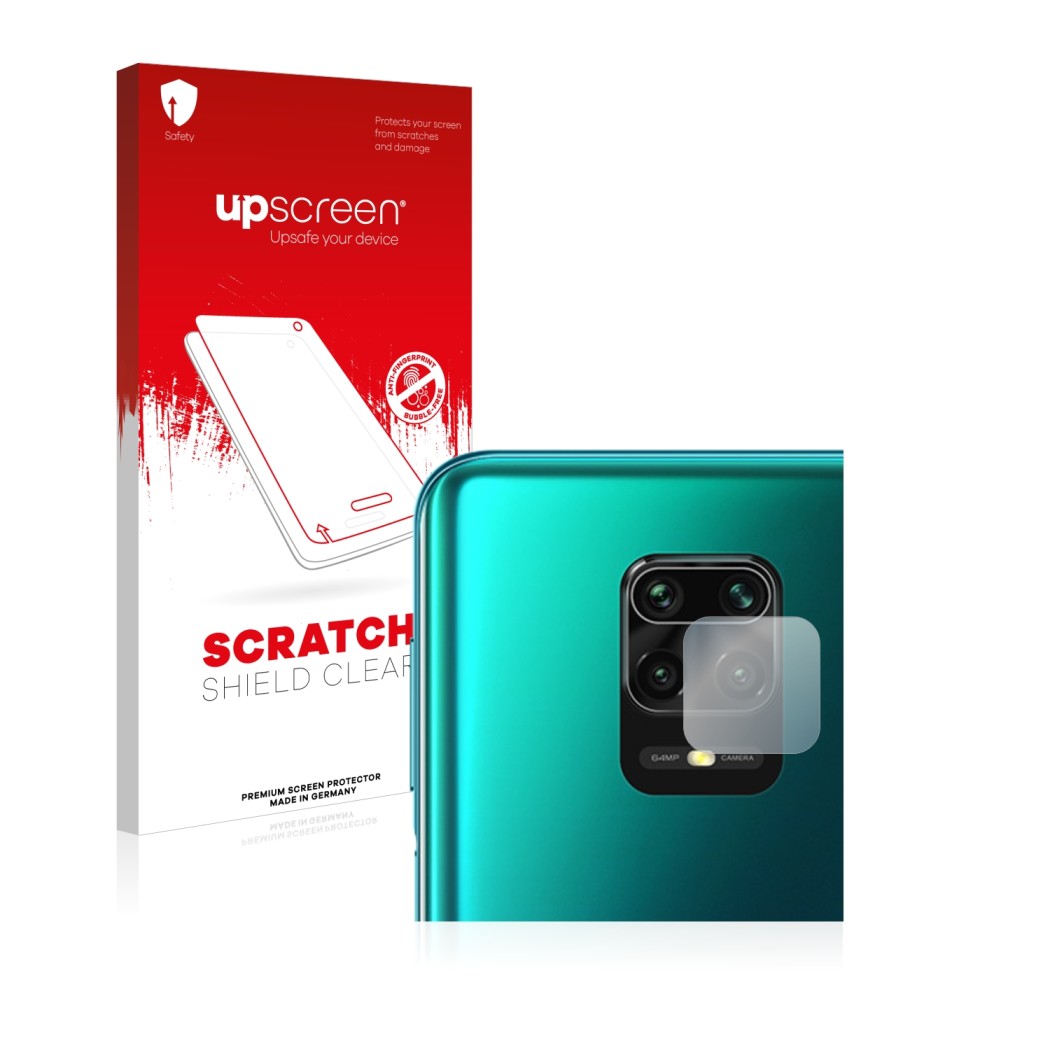 Face avant d’un emballage produit avec le logo de la marque upscreen. À côté, l’appareil Xiaomi Redmi Note 9 Pro Max (Caméra U