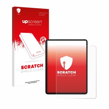 Parte frontal de un envase de producto con el logotipo de la marca upscreen. Al lado se muestra el dispositivo Apple iPad 12.9