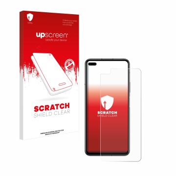 Parte frontal de un envase de producto con el logotipo de la marca upscreen. Al lado se muestra el dispositivo Honor Play 4 Pr
