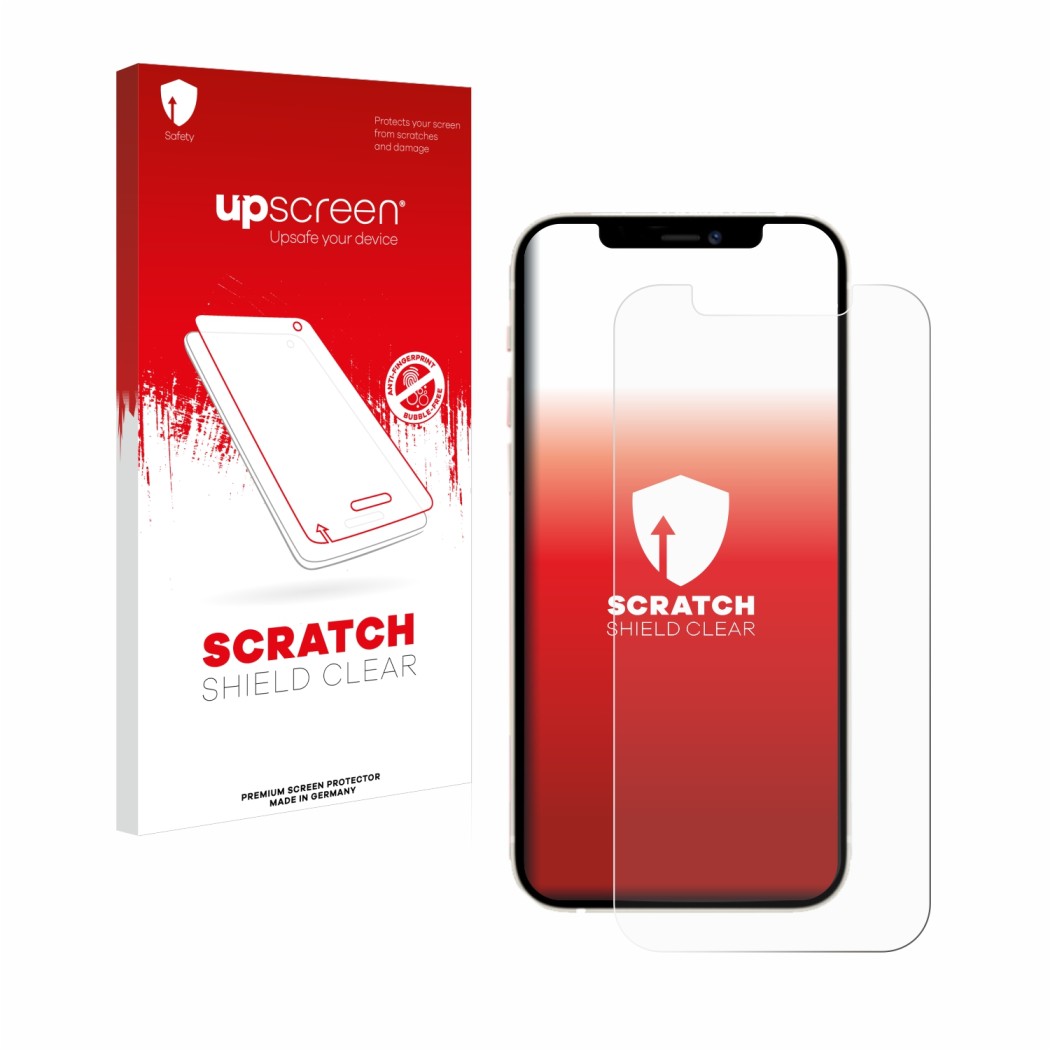 Face avant d’un emballage produit avec le logo de la marque upscreen. À côté, l’appareil Apple iPhone 12 Pro est représenté av