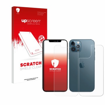 Front side of a product packaging with the brand logo upscreen. Next to it is the device Apple iPhone 12 Pro Max (Front+Back) 