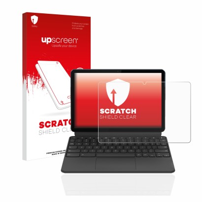 Parte frontal de un envase de producto con el logotipo de la marca upscreen. Al lado se muestra el dispositivo Lenovo IdeaPad 