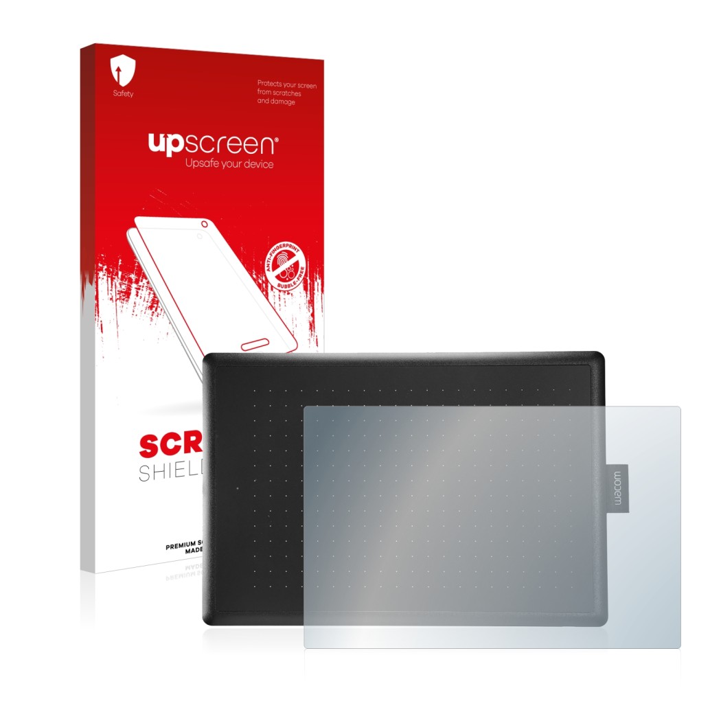 Front side of a product packaging with the brand logo upscreen. Next to it is the device Wacom One Medium shown with the corre