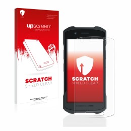 Parte frontal de un envase de producto con el logotipo de la marca upscreen. Al lado se muestra el dispositivo Zebra TC21 con 