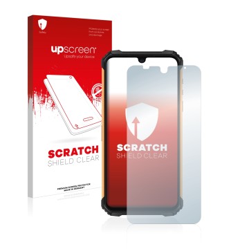 Face avant d’un emballage produit avec le logo de la marque upscreen. À côté, l’appareil Ulefone Armor 8 est représenté avec l