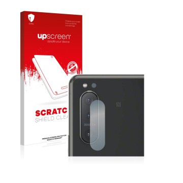 Vorderseite einer Produktverpackung mit dem Markenlogo upscreen. Daneben ist das Gerät Sony Xperia 5 II (NUR Kameraschutz) mit