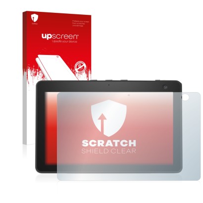 Parte frontale di una confezione del prodotto con il logo del marchio upscreen. Accanto è raffigurato il dispositivo Amazon Ec