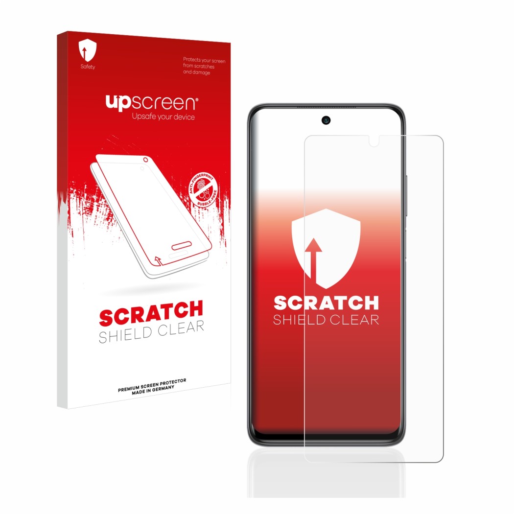 Parte frontal de un envase de producto con el logotipo de la marca upscreen. Al lado se muestra el dispositivo Xiaomi Mi 10T L
