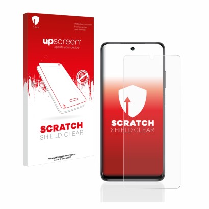 Parte frontal de un envase de producto con el logotipo de la marca upscreen. Al lado se muestra el dispositivo Xiaomi Mi 10T L