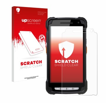 Parte frontal de un envase de producto con el logotipo de la marca upscreen. Al lado se muestra el dispositivo Point Mobile PM