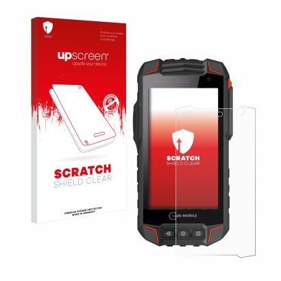Parte frontal de un envase de producto con el logotipo de la marca upscreen. Al lado se muestra el dispositivo i.safe MOBILE I