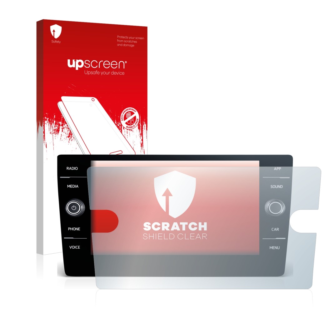 Parte frontal de un envase de producto con el logotipo de la marca upscreen. Al lado se muestra el dispositivo Volkswagen T-Ro