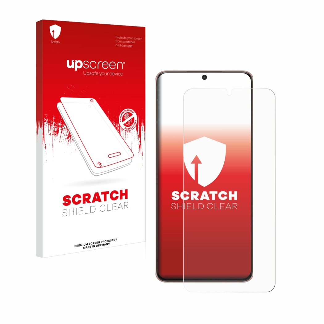 Vorderseite einer Produktverpackung mit dem Markenlogo upscreen. Daneben ist das Gerät Samsung Galaxy S21 Plus 5G mit dem zuge