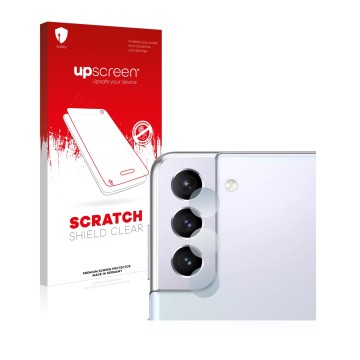 Parte frontal de un envase de producto con el logotipo de la marca upscreen. Al lado se muestra el dispositivo Samsung Galaxy 