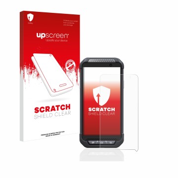 Face avant d’un emballage produit avec le logo de la marque upscreen. À côté, l’appareil Point Mobile PM85 est représenté avec