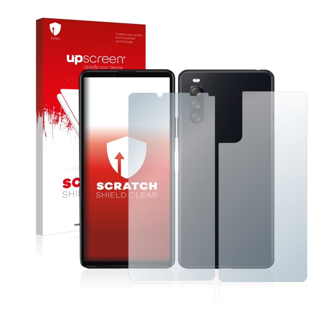 Face avant d’un emballage produit avec le logo de la marque upscreen. À côté, l’appareil Sony Xperia 10 III (Avant+Arrière) es