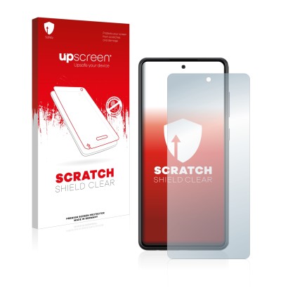 Face avant d’un emballage produit avec le logo de la marque upscreen. À côté, l’appareil Samsung Galaxy A72 est représenté ave