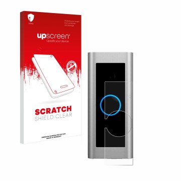 Face avant d’un emballage produit avec le logo de la marque upscreen. À côté, l’appareil Ring Video Doorbell Pro 2 est représe