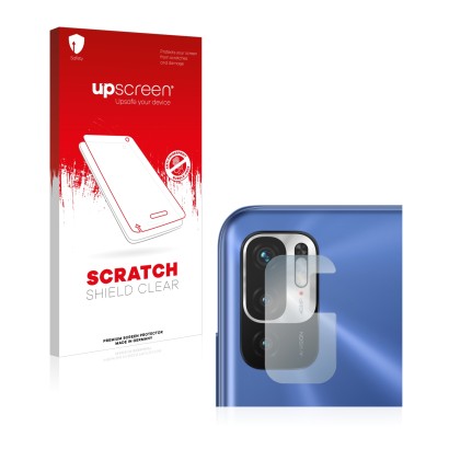 Face avant d’un emballage produit avec le logo de la marque upscreen. À côté, l’appareil Xiaomi Redmi Note 10 5G (Caméra UNIQU