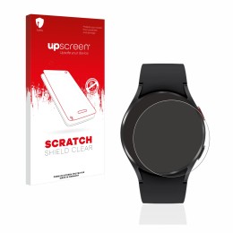 Parte frontal de un envase de producto con el logotipo de la marca upscreen. Al lado se muestra el dispositivo Samsung Galaxy 