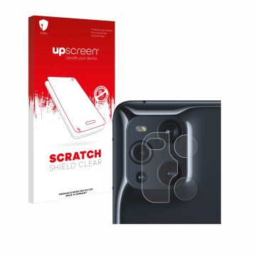 Vorderseite einer Produktverpackung mit dem Markenlogo upscreen. Daneben ist das Gerät Oppo Find X3 Pro (NUR Kameraschutz) mit