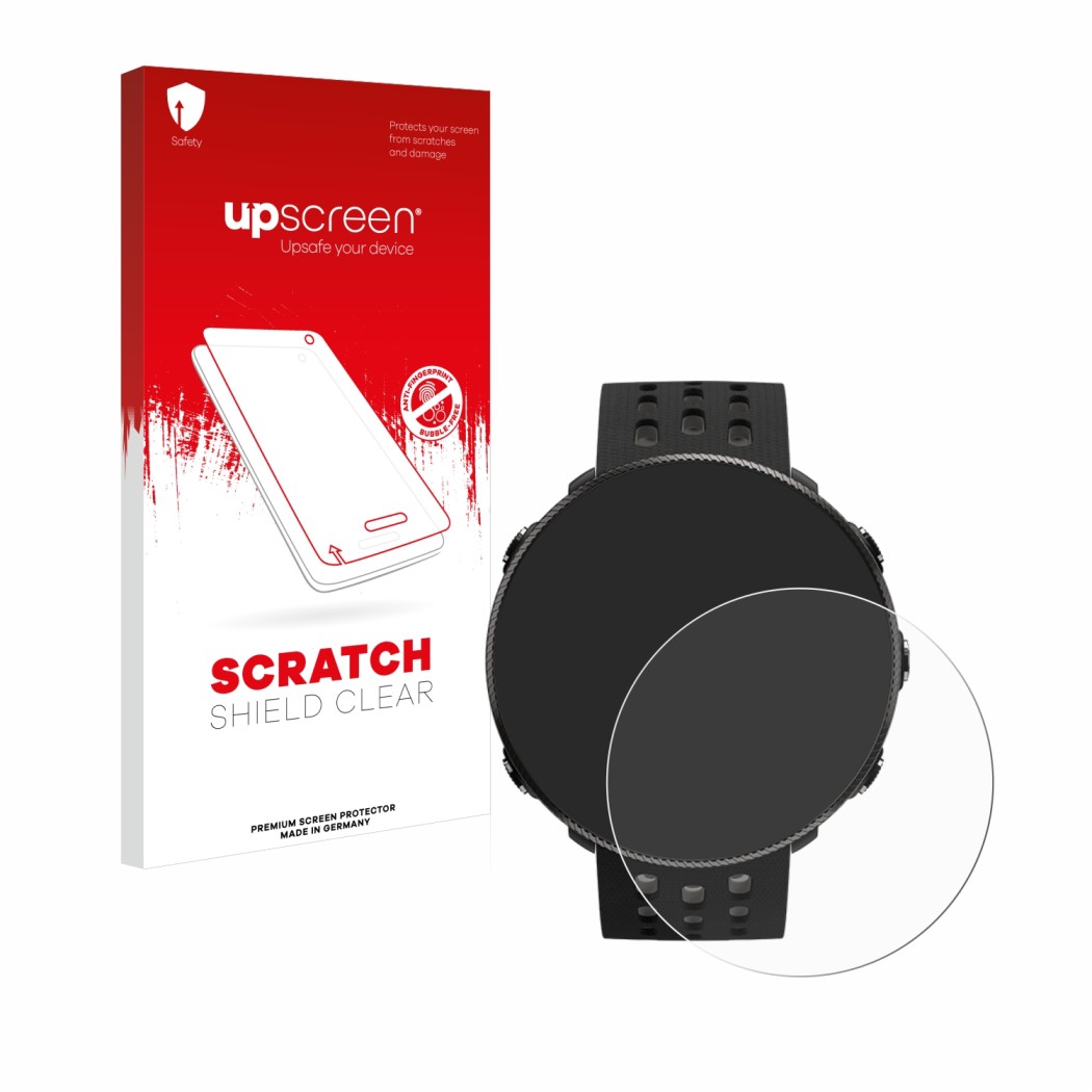 Face avant d’un emballage produit avec le logo de la marque upscreen. À côté, l’appareil Polar Vantage M2 est représenté avec 
