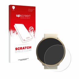 Parte frontal de un envase de producto con el logotipo de la marca upscreen. Al lado se muestra el dispositivo Polar Ignite 2 