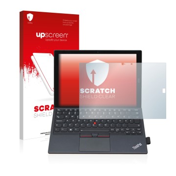 Face avant d’un emballage produit avec le logo de la marque upscreen. À côté, l’appareil Lenovo ThinkPad X1 Tablet Gen 2 est r