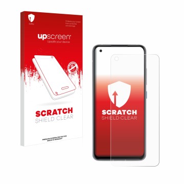 Parte frontal de un envase de producto con el logotipo de la marca upscreen. Al lado se muestra el dispositivo ASUS ZenFone 8 
