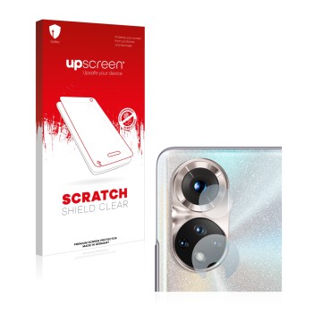 Face avant d’un emballage produit avec le logo de la marque upscreen. À côté, l’appareil Honor 50 (Caméra UNIQUEMENT) est repr