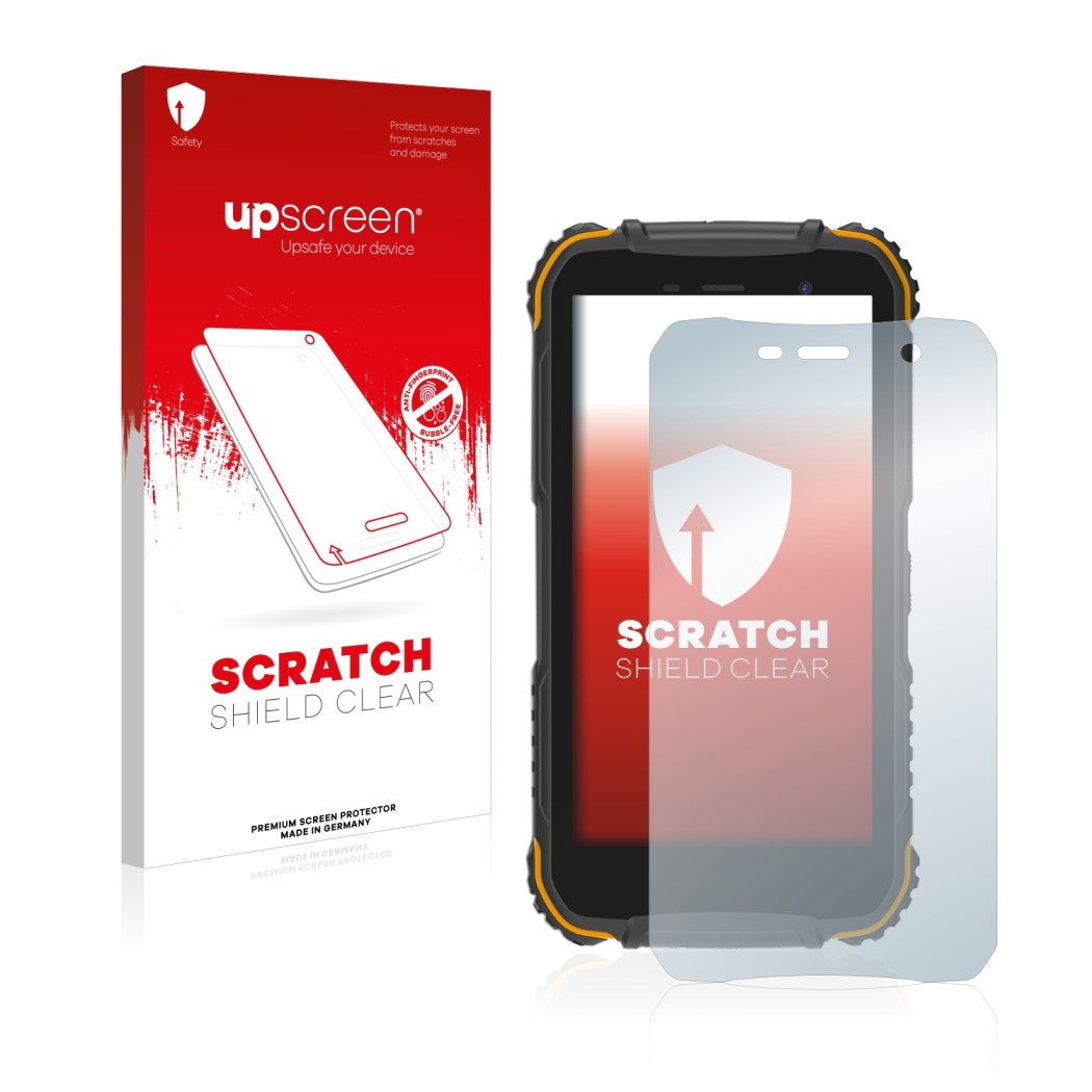Face avant d’un emballage produit avec le logo de la marque upscreen. À côté, l’appareil Doogee S35 est représenté avec la pro