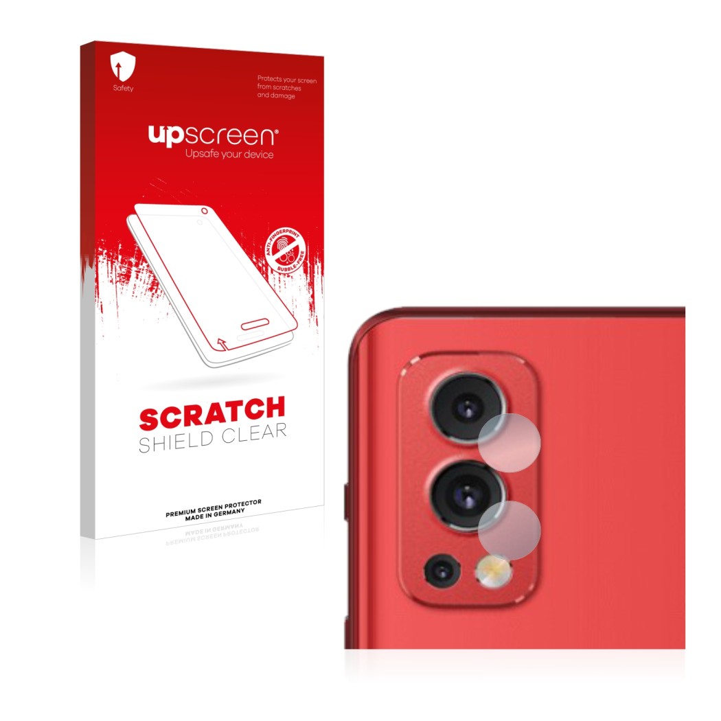 Parte frontal de un envase de producto con el logotipo de la marca upscreen. Al lado se muestra el dispositivo OnePlus Nord 2 