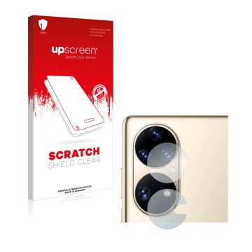 Face avant d’un emballage produit avec le logo de la marque upscreen. À côté, l’appareil Huawei P50 Pro (Caméra UNIQUEMENT) es