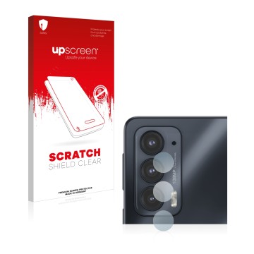 Vorderseite einer Produktverpackung mit dem Markenlogo upscreen. Daneben ist das Gerät Motorola Edge 20 (NUR Kameraschutz) mit