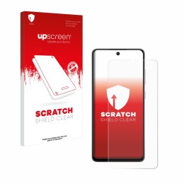 Parte frontal de un envase de producto con el logotipo de la marca upscreen. Al lado se muestra el dispositivo Samsung Galaxy 