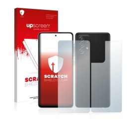Parte frontal de un envase de producto con el logotipo de la marca upscreen. Al lado se muestra el dispositivo Samsung Galaxy 
