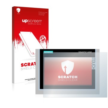 Parte frontal de un envase de producto con el logotipo de la marca upscreen. Al lado se muestra el dispositivo Siemens Simatic