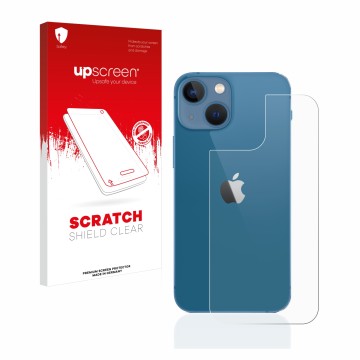 Vorderseite einer Produktverpackung mit dem Markenlogo upscreen. Daneben ist das Gerät Apple iPhone 13 mini (Rückseite) mit de