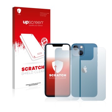Vorderseite einer Produktverpackung mit dem Markenlogo upscreen. Daneben ist das Gerät Apple iPhone 13 mini (Display+Rückseite