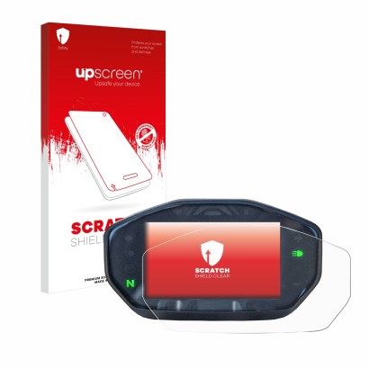 Face avant d’un emballage produit avec le logo de la marque upscreen. À côté, l’appareil Ducati Monster / Monster + 2021 est r