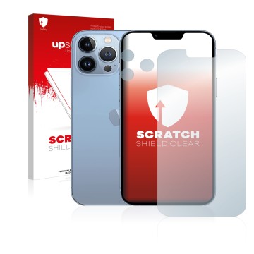 Vorderseite einer Produktverpackung mit dem Markenlogo upscreen. Daneben ist das Gerät Apple iPhone 13 Pro Max (Display+Kamera