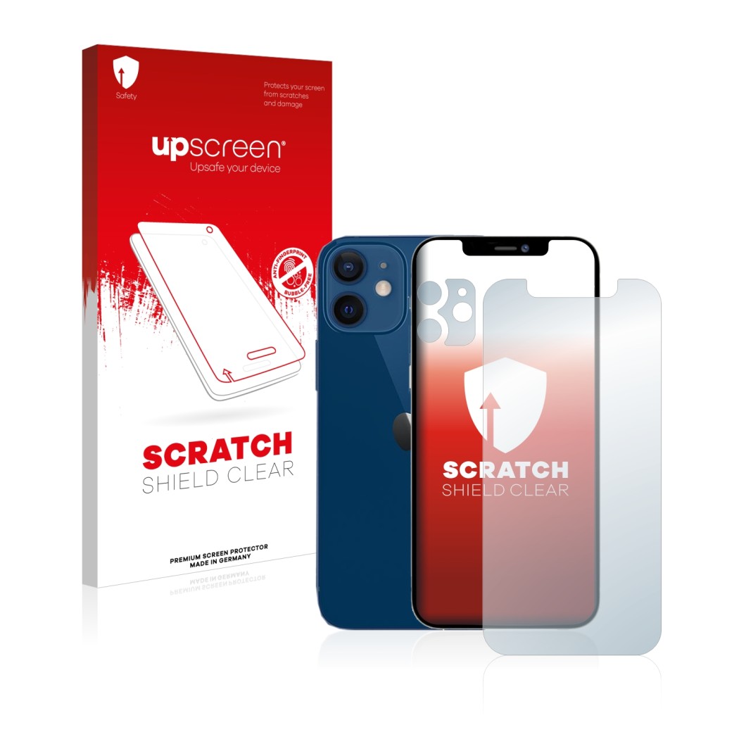 Front side of a product packaging with the brand logo upscreen. Next to it is the device Apple iPhone 12 (Front+Camera) shown 