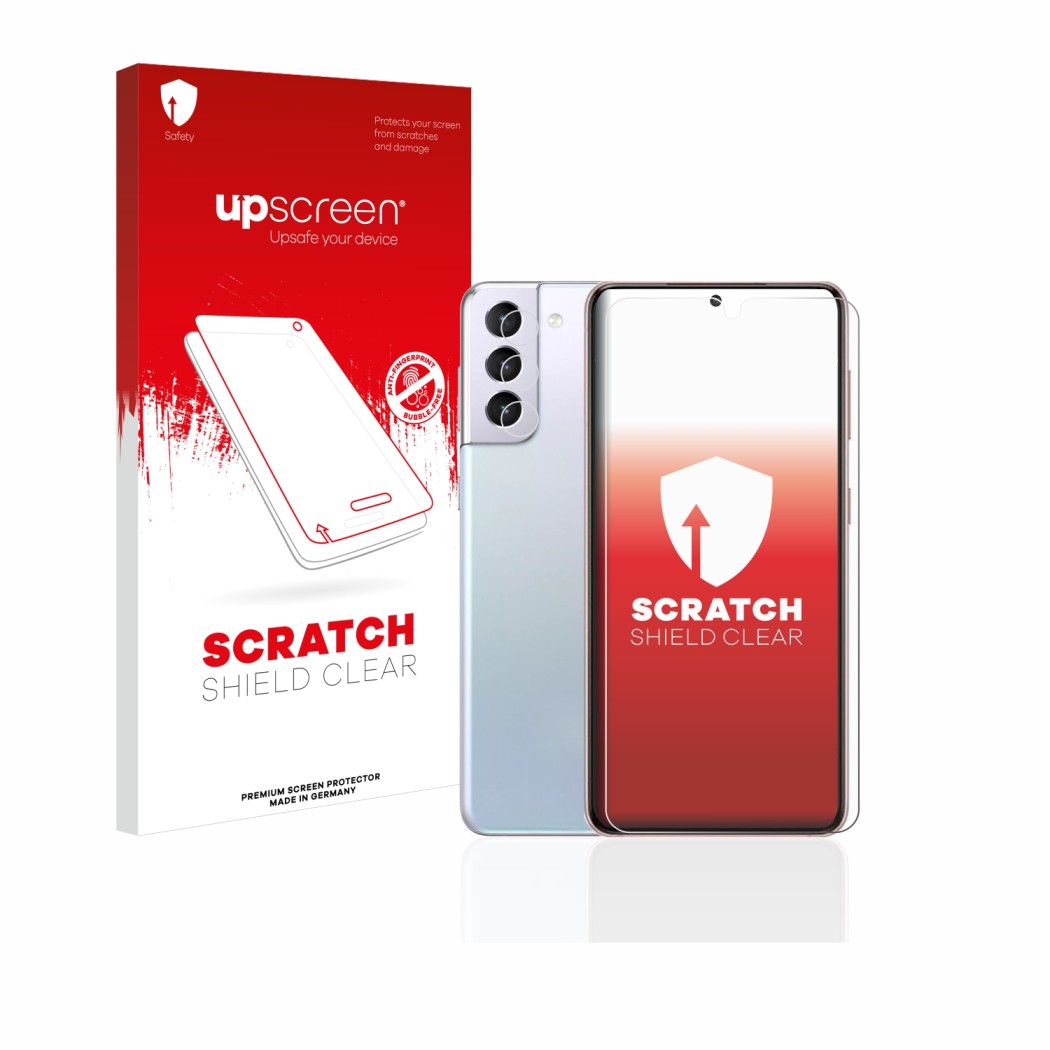 Face avant d’un emballage produit avec le logo de la marque upscreen. À côté, l’appareil Samsung Galaxy S21 5G (Avant+Caméra) 