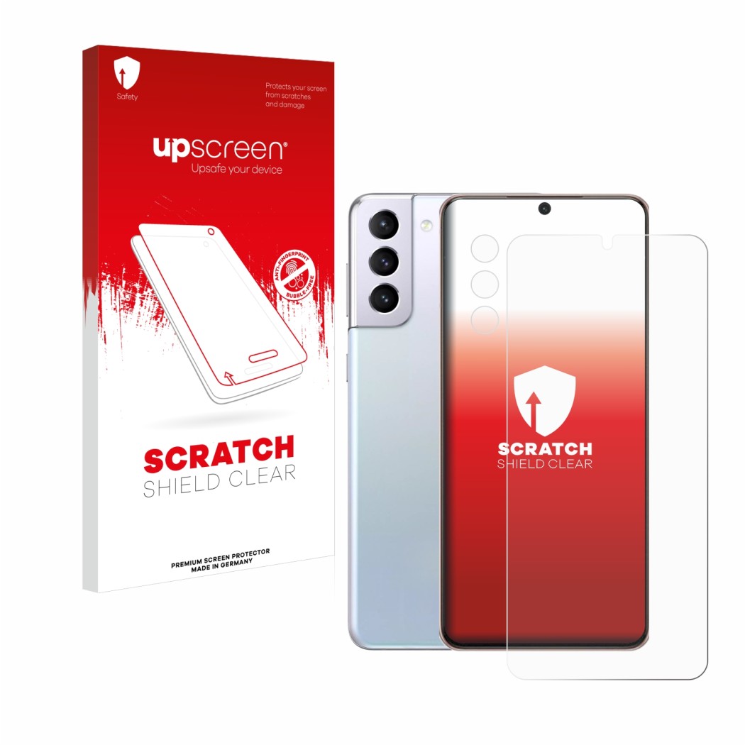 Vorderseite einer Produktverpackung mit dem Markenlogo upscreen. Daneben ist das Gerät Samsung Galaxy S21 Plus 5G (Display+Kam