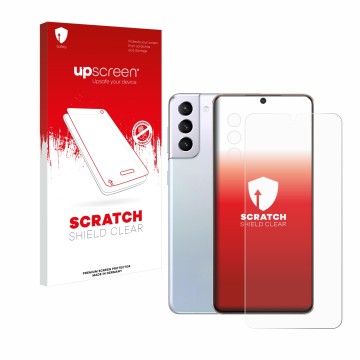 Vorderseite einer Produktverpackung mit dem Markenlogo upscreen. Daneben ist das Gerät Samsung Galaxy S21 Plus 5G (Display+Kam