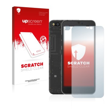 Parte frontal de un envase de producto con el logotipo de la marca upscreen. Al lado se muestra el dispositivo Fairphone 3 (Fr