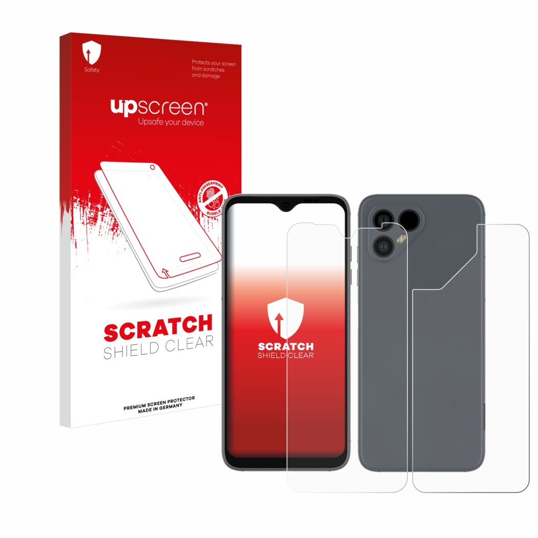 Parte frontale di una confezione del prodotto con il logo del marchio upscreen. Accanto è raffigurato il dispositivo Fairphone