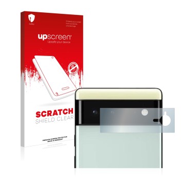 Face avant d’un emballage produit avec le logo de la marque upscreen. À côté, l’appareil Google Pixel 6 (Caméra UNIQUEMENT) es